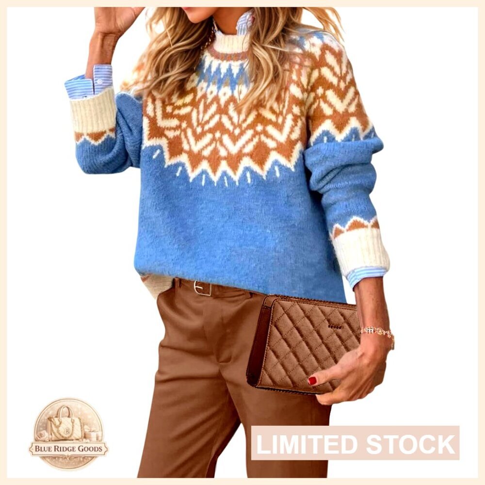 Mock Neck Ribbed Sweater Pullover Long Sleeve Fair Isle Print